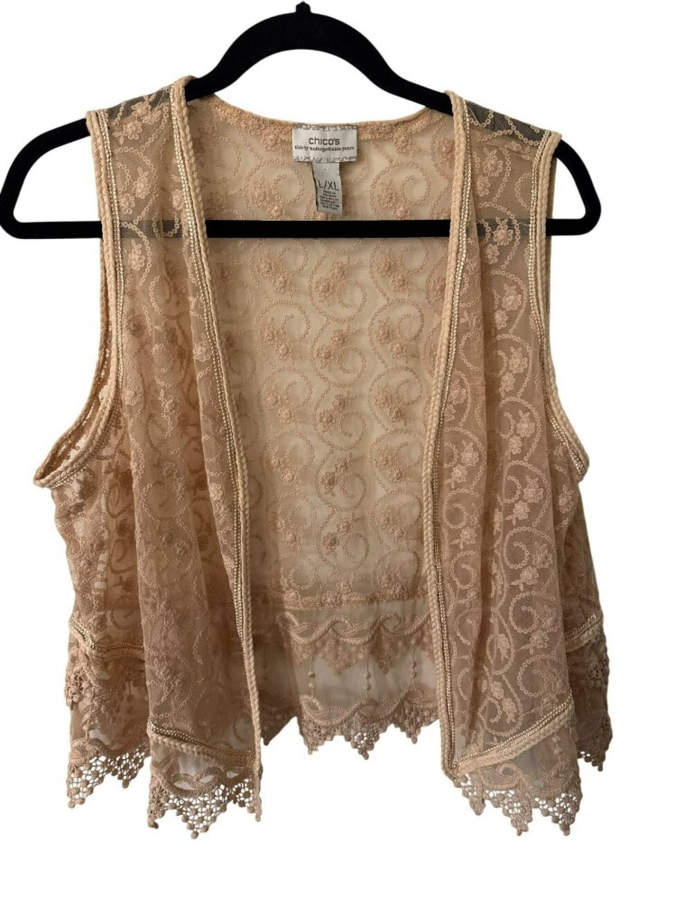 Boho Lace Open Front Vest Scalloped Embroidered Festival Chicos L/XL Beige Large